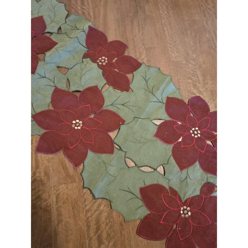 Signature Homestyles Christmas Poinsettia Holly Cutwork Table Runner 17"x54" Red
